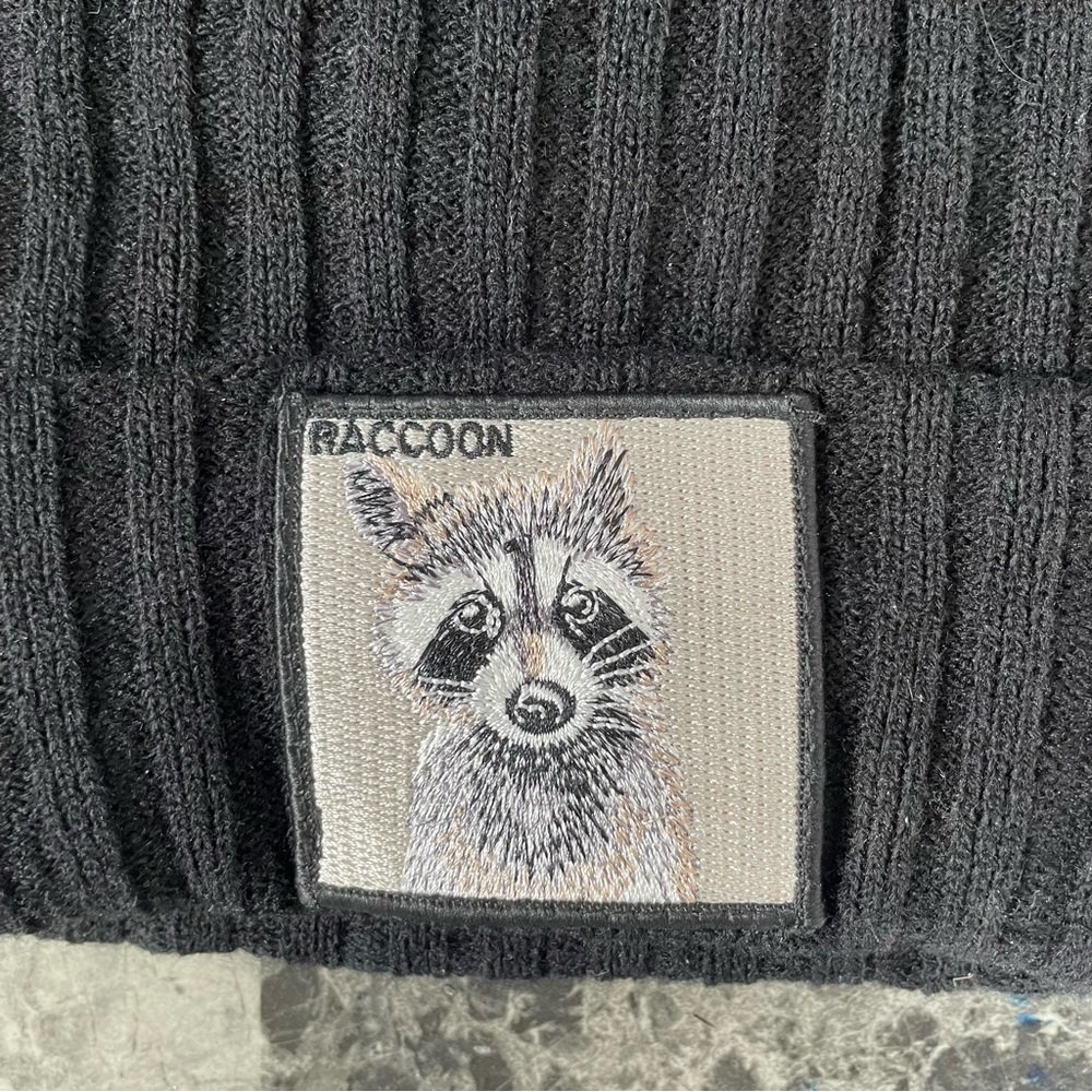 Ribbed Black Beanie with Raccoon Patch - Picture 3 of 5